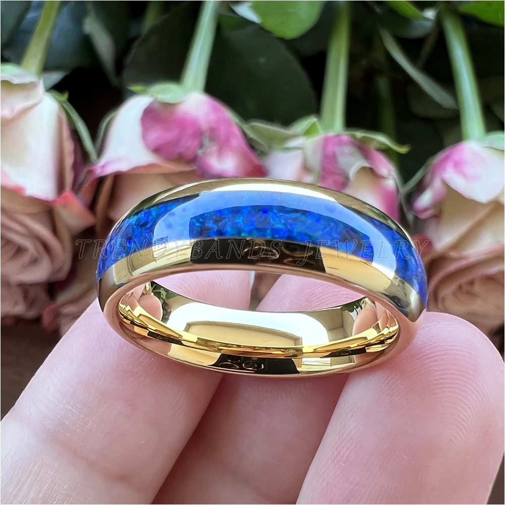 6 mm 8 mm Ringe für Männer und Frauen, Wolfram-Ehering, Modeschmuck, blaue Opal-Inlay, gewölbt, poliert, glänzend, bequeme Passform – Detail 1