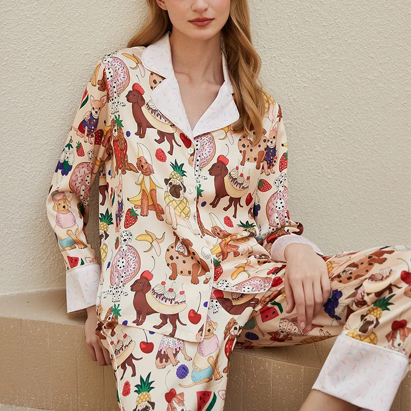 Spring 2024 Women\'s Pajamas Set Silk Like Dachshund Desserts Print Two Pieces Long Sleeve Full Length Trousers Sleepwear 39926