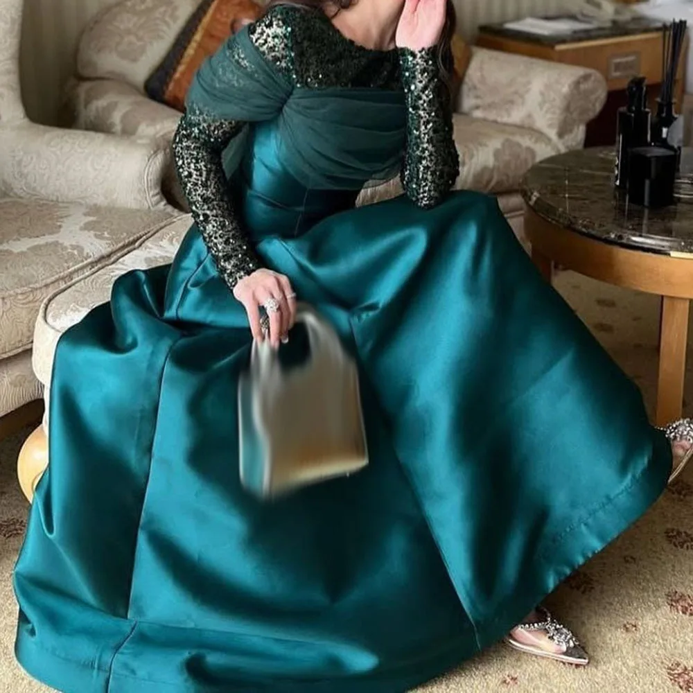 

Customized A-Line Evening Dresses Ankle-Length O-Neck Full Sleeve Prom Gown Fashion Sequined Simple Draped Casual Party Gown