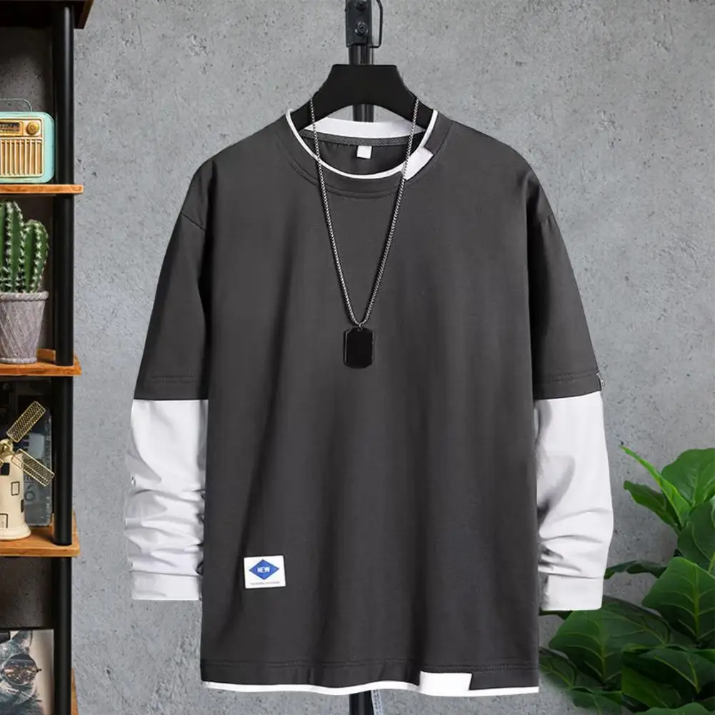 Men Spring T-shirt Fake Two-piece Long Sleeves Loose Pullover Keep Warm Contrast Color Friendly to Skin Men Top Men Clothes