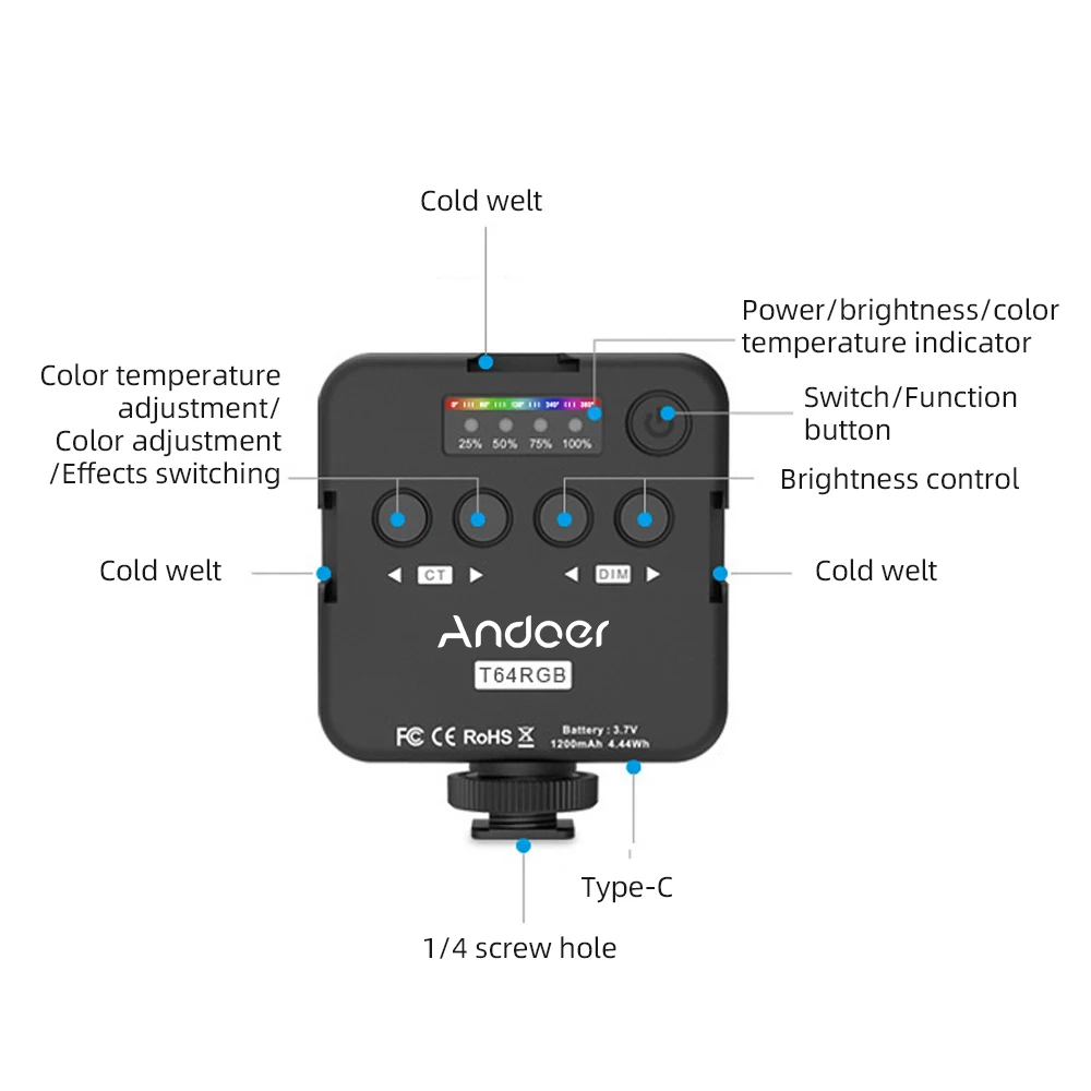 ANDOER T64RGB Pocket LED Video Light Mini RGB Photography Light 2500K-9000K±200K CRI≥95 3 Cold Shoe Mounts for Live Streaming