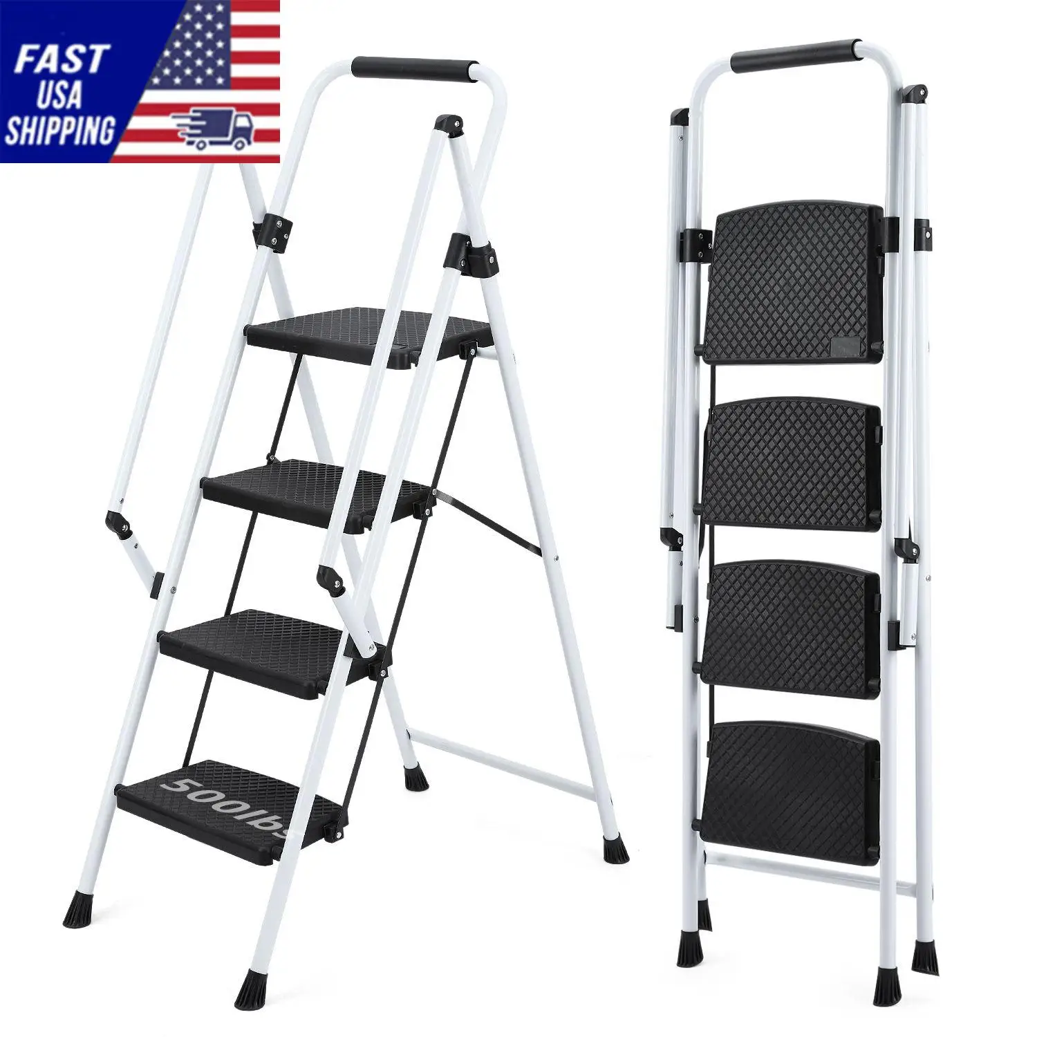 White four-step ladder, light folding four-step stool, wide anti-skid pedal and safety handle, strong steel ladder, multi-purpos