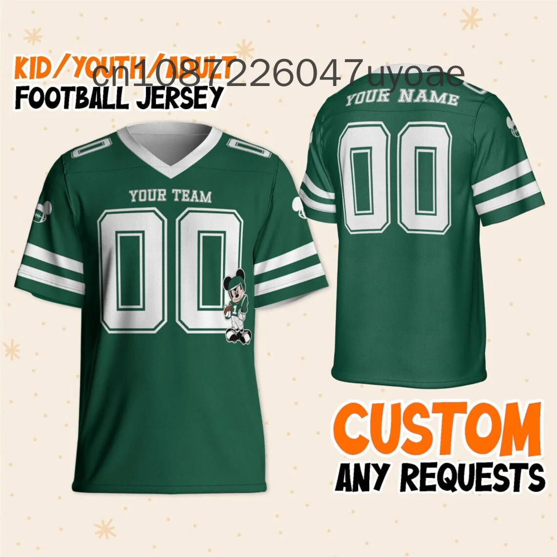 2024 New Disney Mickey Green Football Jersey Men's and Women's Free Customized Name and Number T-shirt