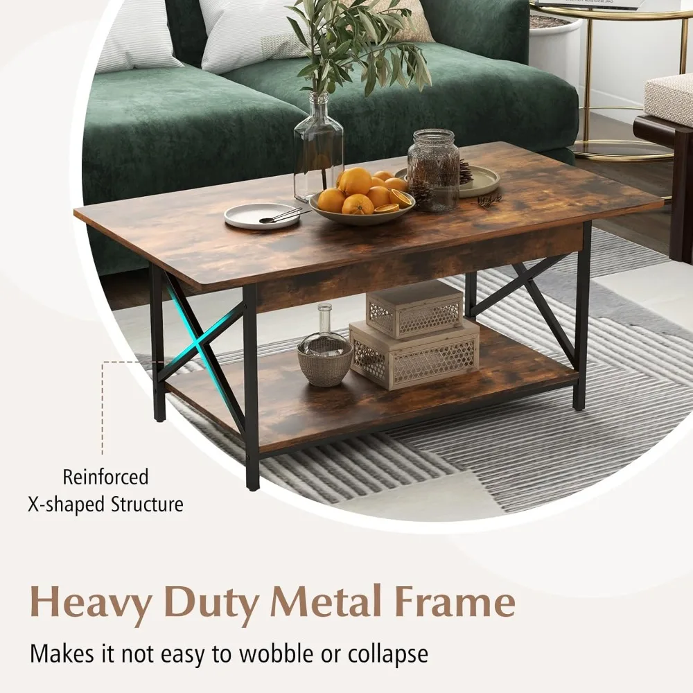 2-Tier Coffee Table with Storage Shelf, Modern Accent Cocktail Tea Table with Reinforced X-Shaped Structure, Solid Metal