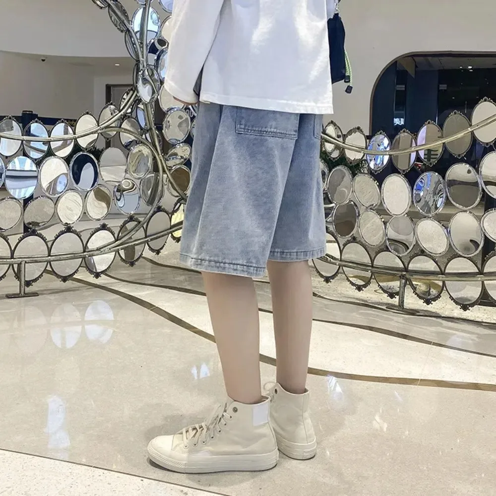 

Ins Drawstring Denim Shorts Men Loose High Waist Baggy Short Jeans Wide Leg Trousers Denim Knee Length Pants Unisex