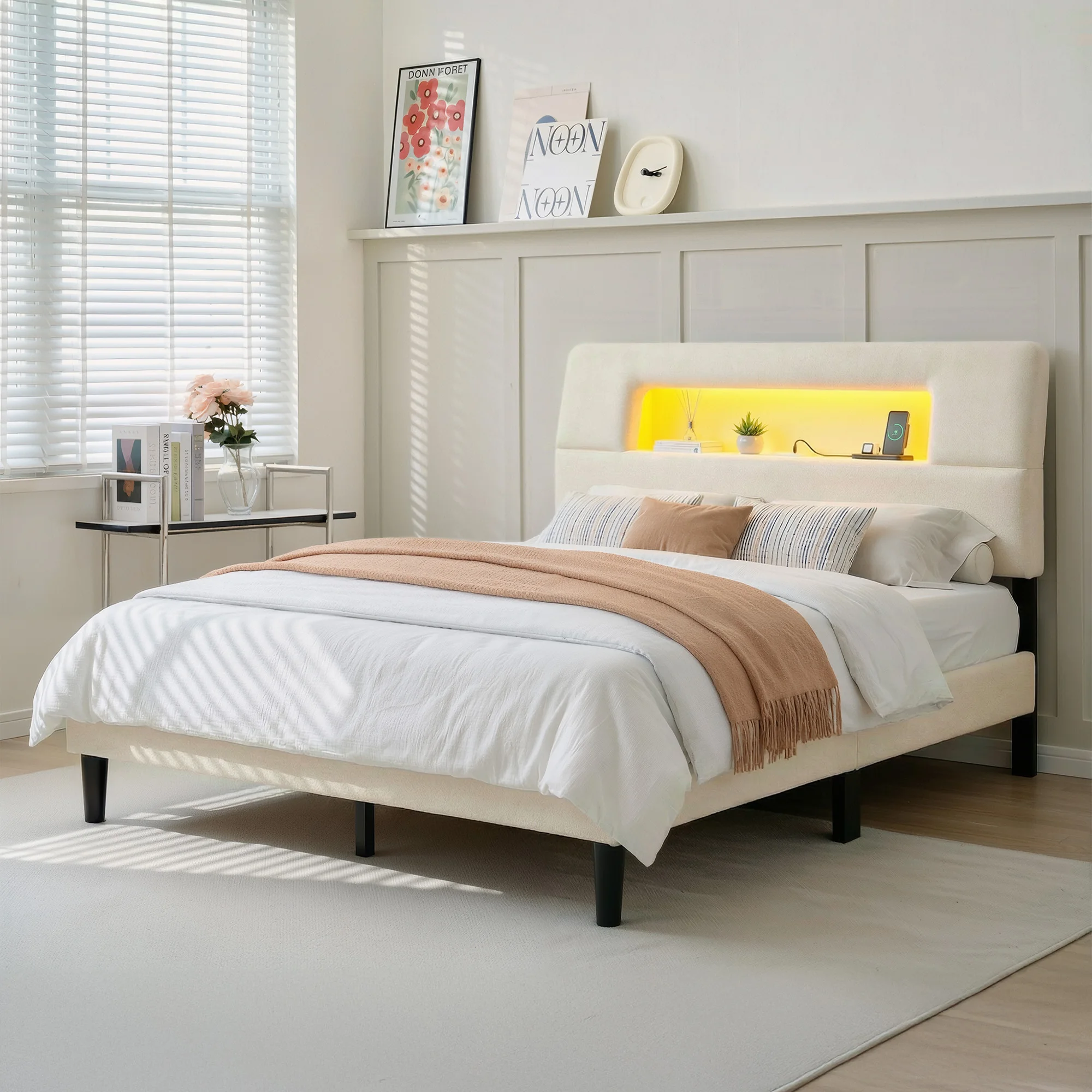 EnHomee Bed Frame with Ergonomic Storage Headboard, Upholstered Bed Frame with LED Lights & Charging Station, NO Noise
