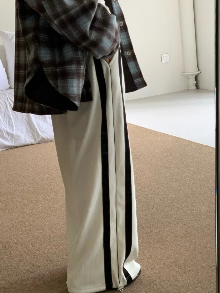 الكورية Sle عالية الخصر بنطال ذو قصة أرجل واسعة المرأة Faionable بناطيل كاجوال مرونة الخصر Fce اصطف الجانب التعادل الأشرطة #4