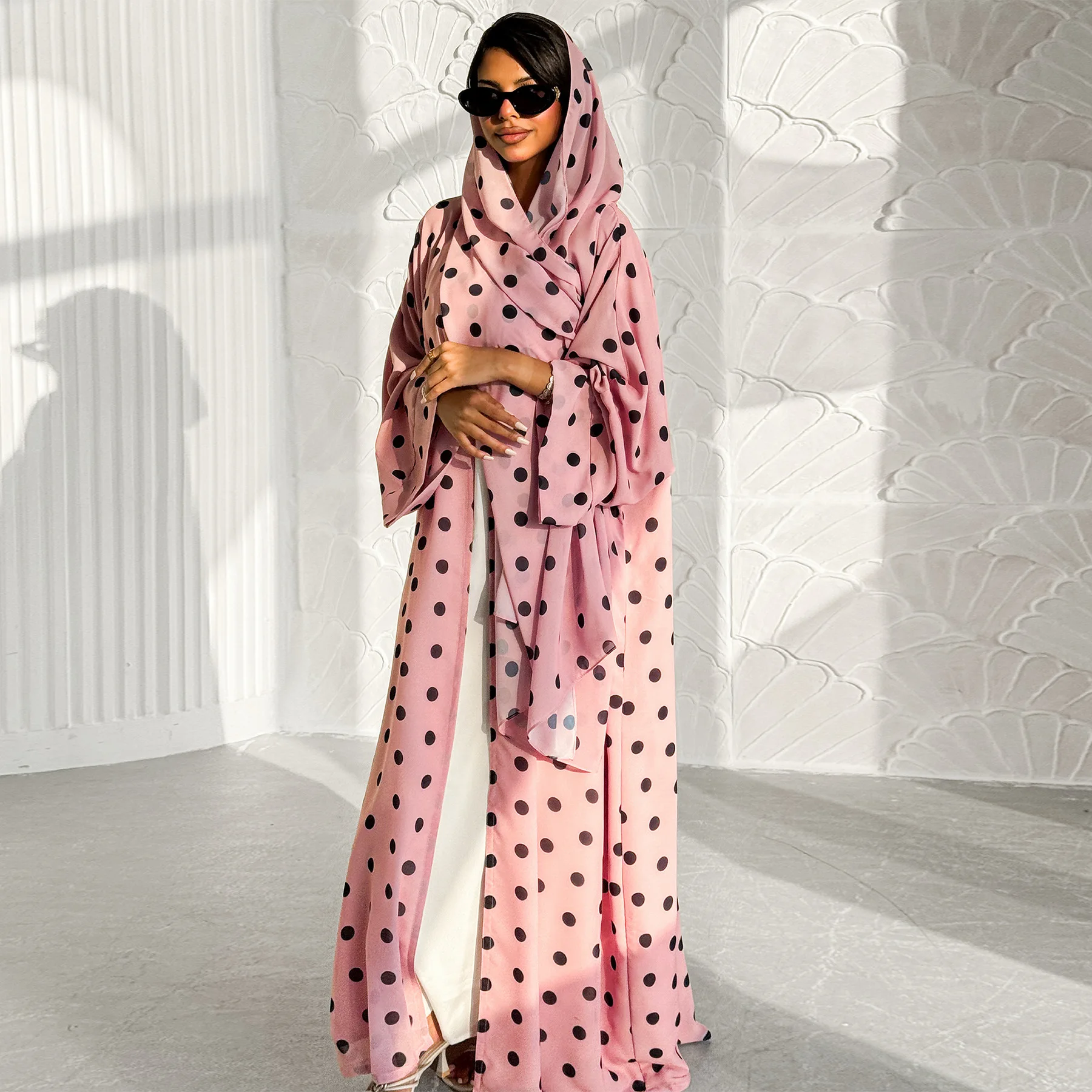 

Dubai Muslim Women Hijab Dress Set Polka Dot Abaya Kaftan Kimono Cardigan Turkey Islam Jalabiya Kebaya Caftan Marocain Robe Arab