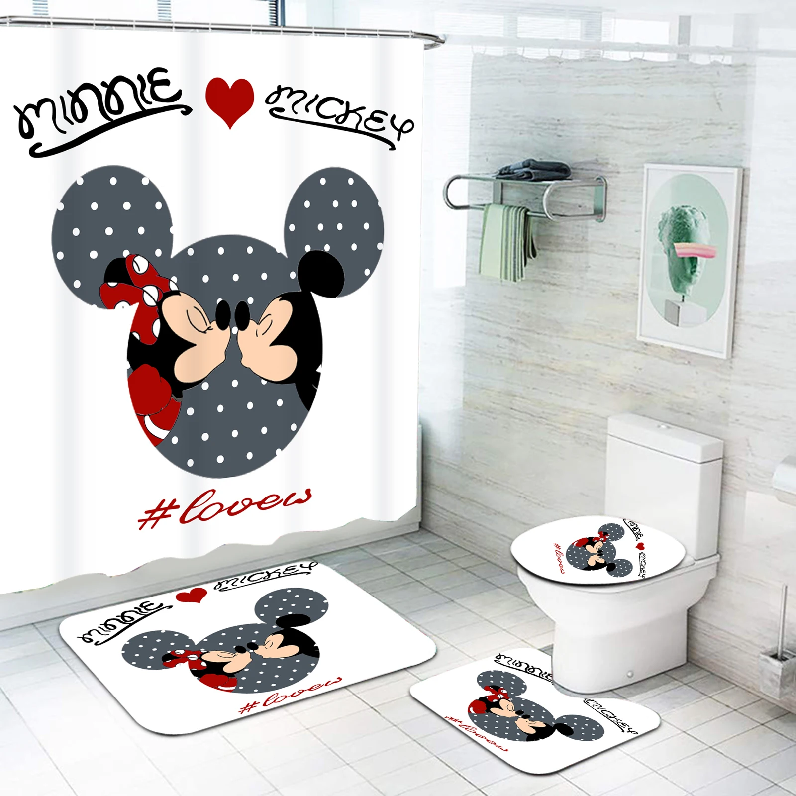 Mickey Bathroom Accessories 4 Piece Set Mats And Shower Curtain Anime Sets Full Luxury Curtains