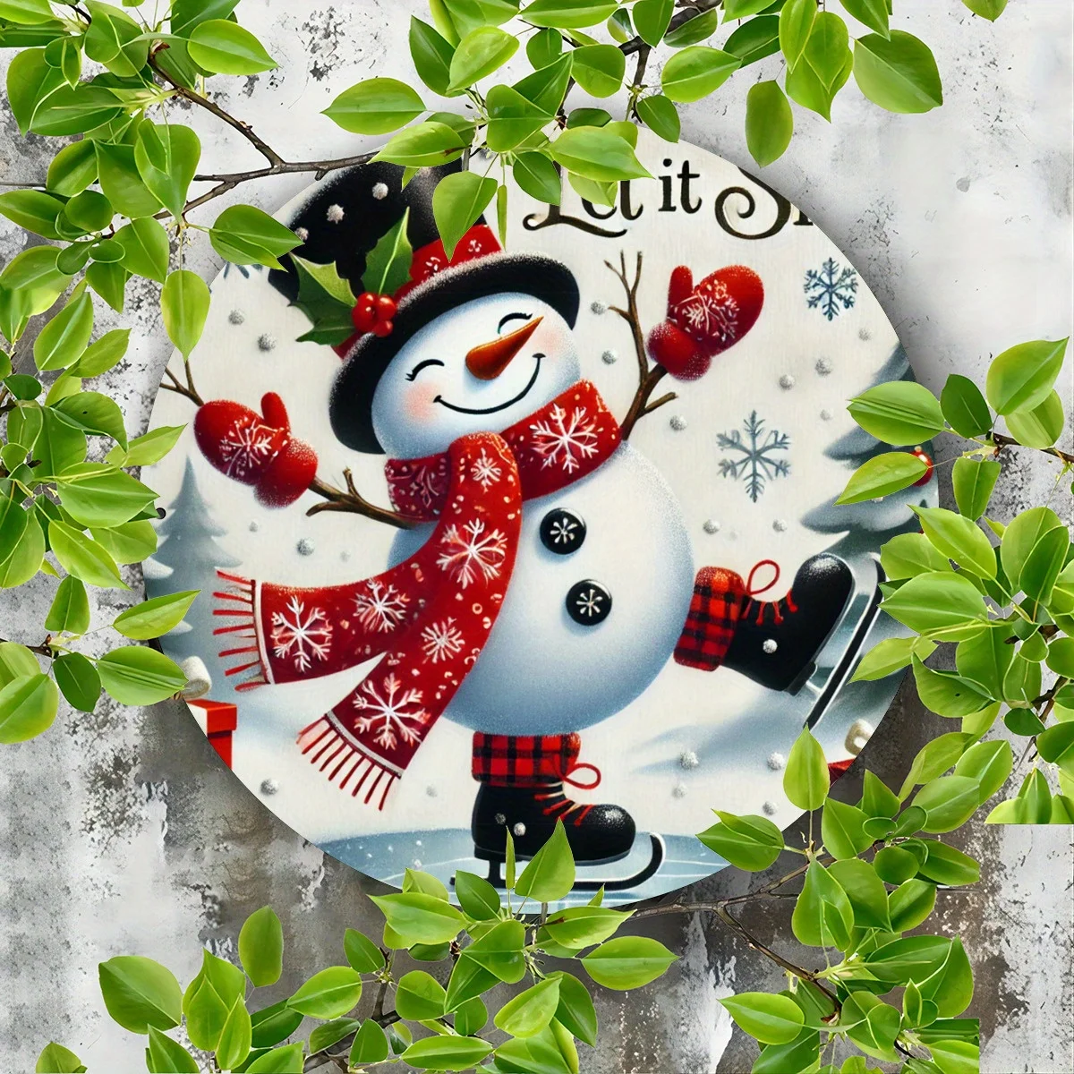 2D A Piece, Ice Skating Snowman Celebrating Christmas Pattern Design, Flat Printed Metal Signs, Circular Iron Hanging Pictures,