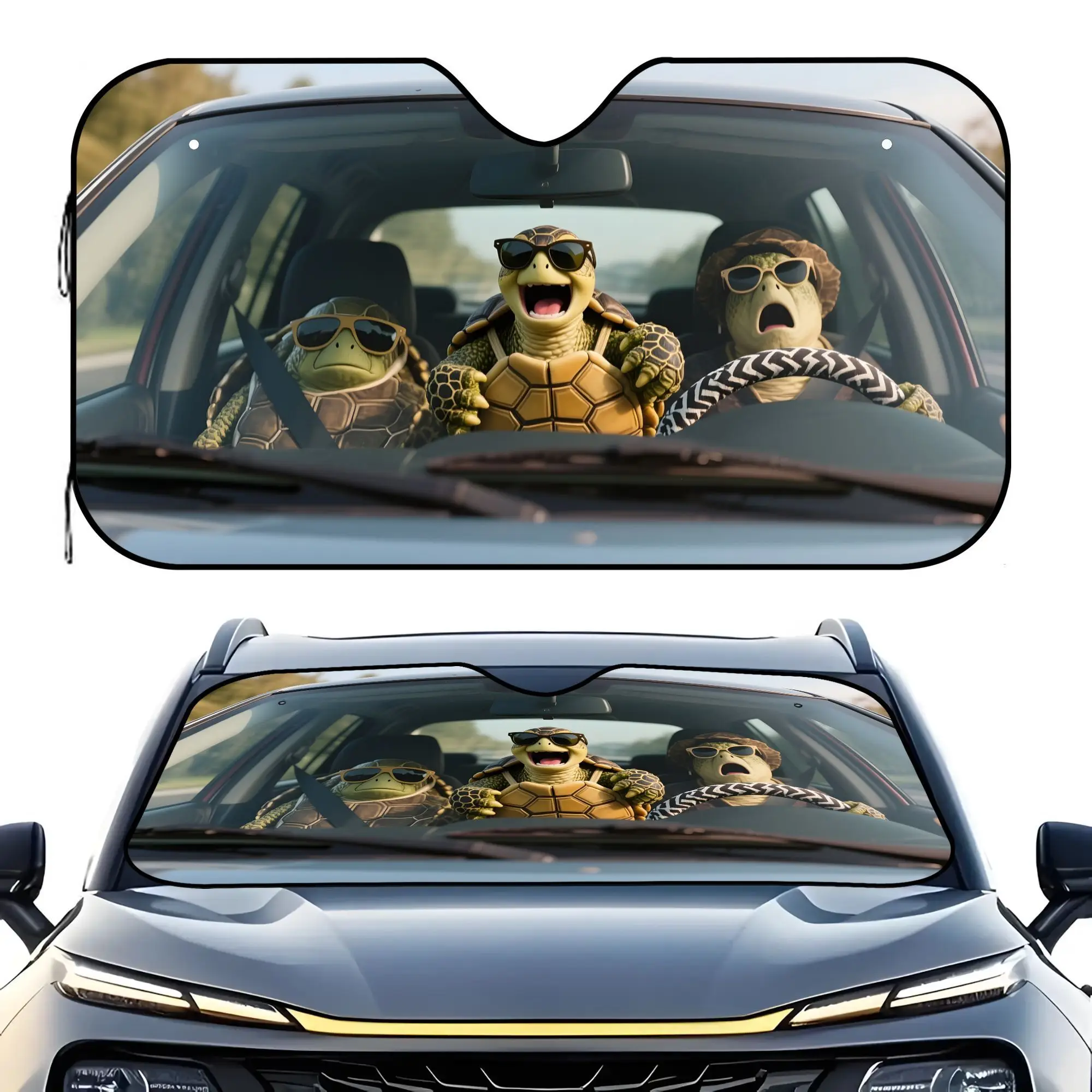 1pc Of Car Front Windshield Visor Designed By Three Turtles Drive Car Theme, Protected From Direct Sunlight, Practical And Beaut