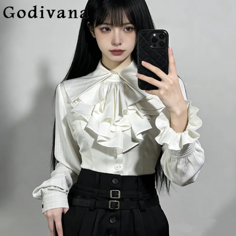 

2026 Spring Autumn New Japanese Lolita Long Sleeve Shirt with Ruffled Edges for Daily Commuting Vintage Versatile Women's Shirt