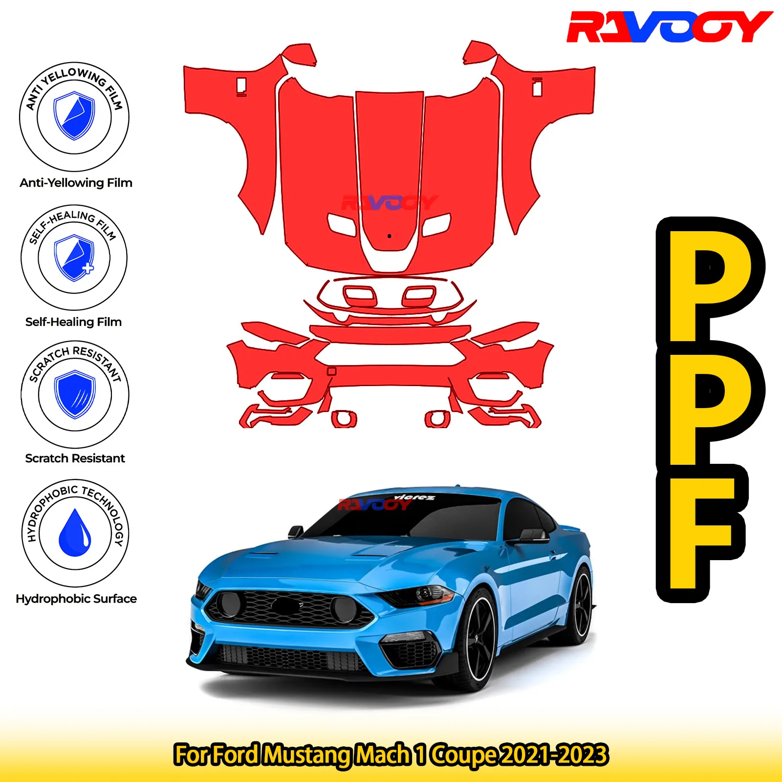 

Для Ford Mustang Mach 1 Coupe 2021-2023, глянцевая матовая черная предварительно вырезанная передняя защитная пленка PPF, комплект