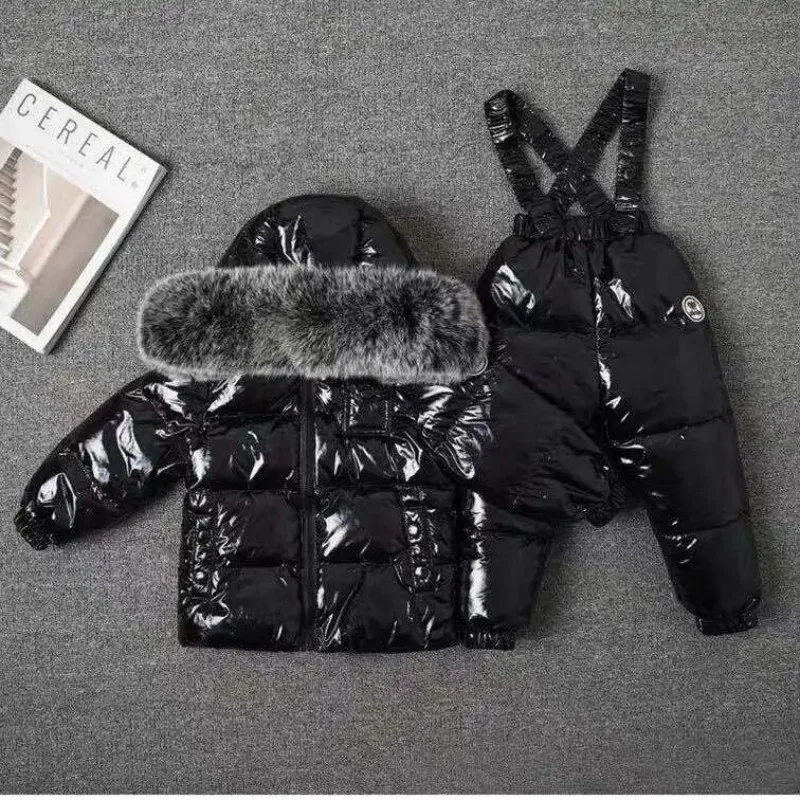 

New Winter 2025 Kids Boutique Clothing 2 Pieces Sets Down Jacket Suspender Trousers Big Fur Collar Warm Soft Unisex Ski Suit