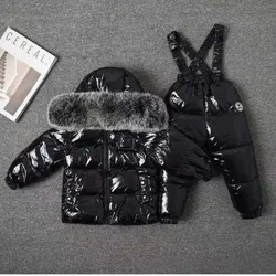 New Winter 2025 Kids Boutique Clothing 2 Pieces Sets Down Jacket Suspender Trousers Big Fur Collar Warm Soft Unisex Ski Suit