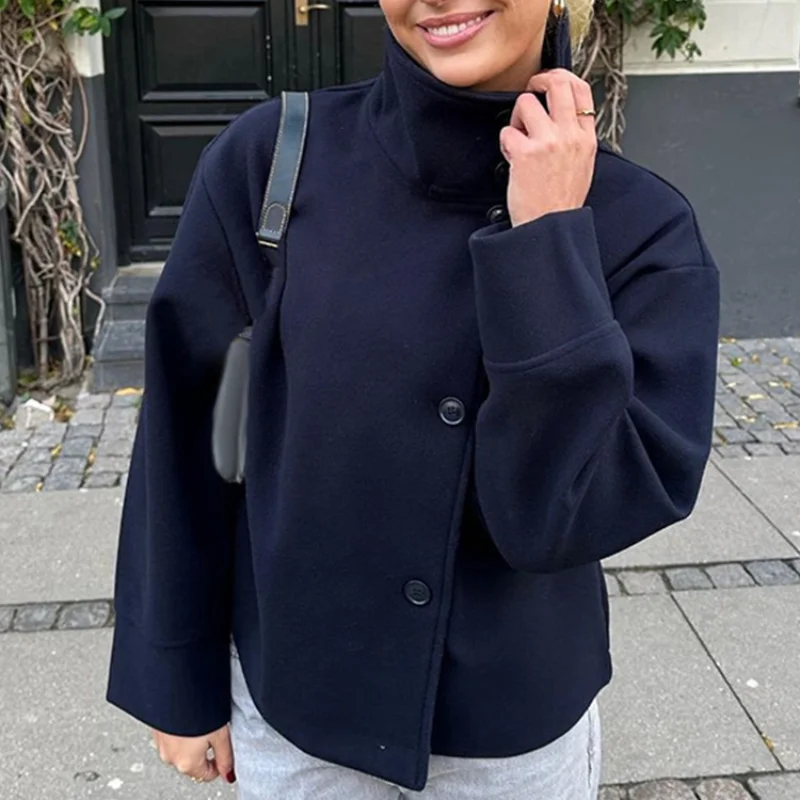 Dunkelblaue Wolljacke für Damen, 2025, Frühling, einreihig, Stehkragen, lockerer weiblicher Mantel, Bürodame, Straße, kurze Oberbekleidung, Tops – Detail 26