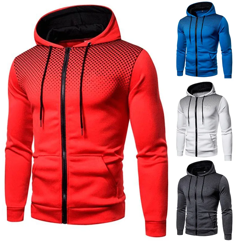 New Fashion Motorcycle Zipper Jacket Men Personality Dot Printing Hooded Hoodies Autumn Winter Spring Casual Fleece Sweatshirts