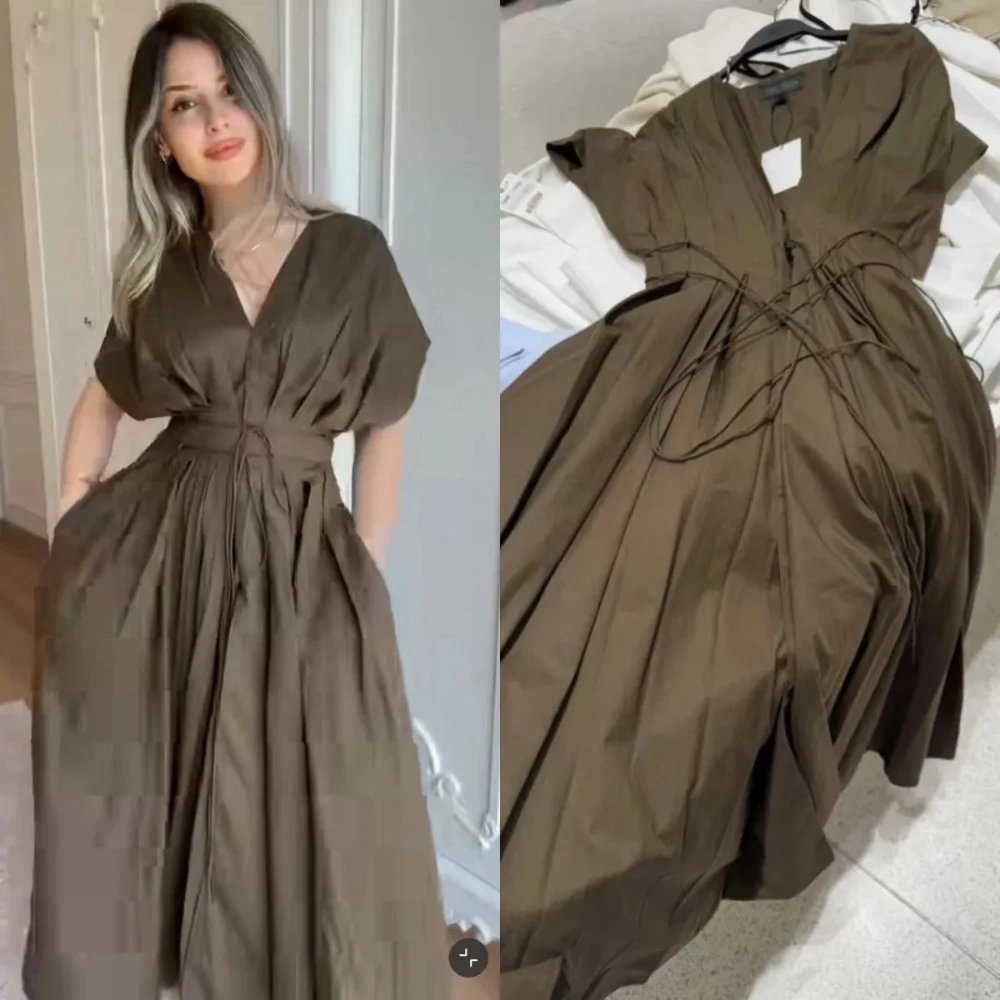 

Summer 2026 women's elegant party dress Vintage V-neck fashion pleated lace-up MIDI poplin dress long dress streetwear
