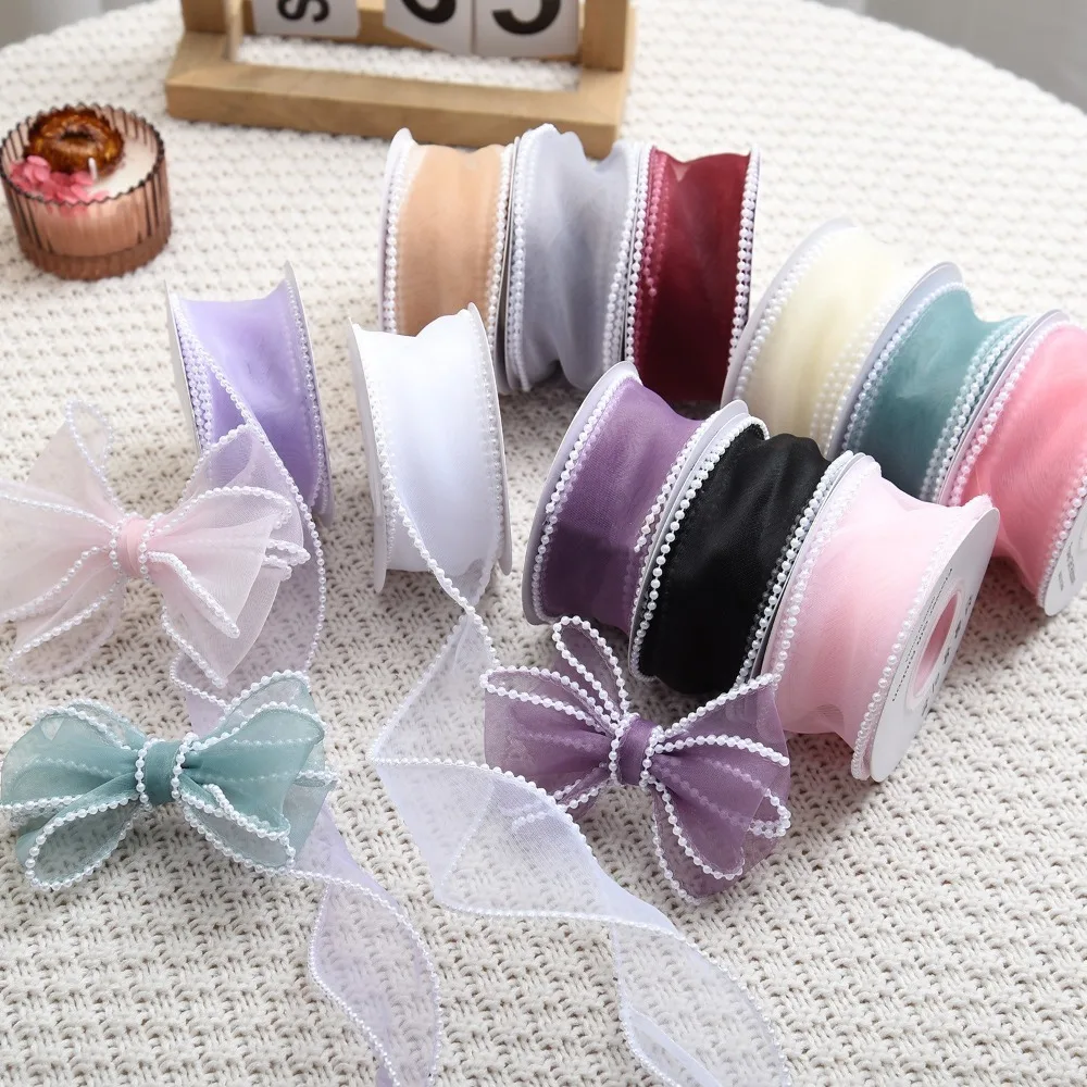 4CM*4.5M Wrapping Ribbon Pearl Fishtail Gauze Silk Ribbons Bouquet Packaging Material Lace Ribbon Wave Chiffon Yarn Gift Strap
