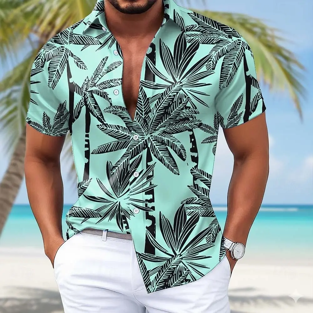 

Summer Men Plus Size Hawaiian Print Short Sleeve Shirt Casual Tropical Floral Pattern Button Down Tops Beach Vacation Wear