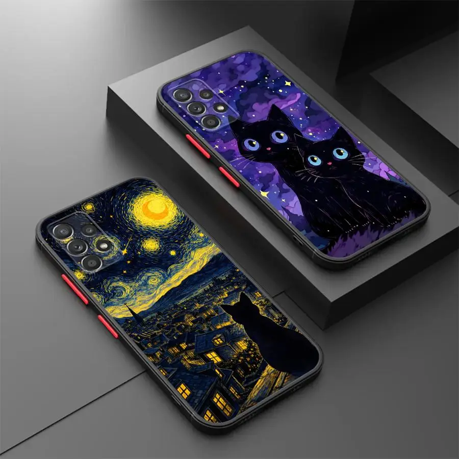 Phone Cover Case for Samsung Galaxy A36 A53 A35 A52S A72 A73 A33 A56 A55 A17 A52 A16 A15 A14 A23 A34 A54 Black Night Star Cat