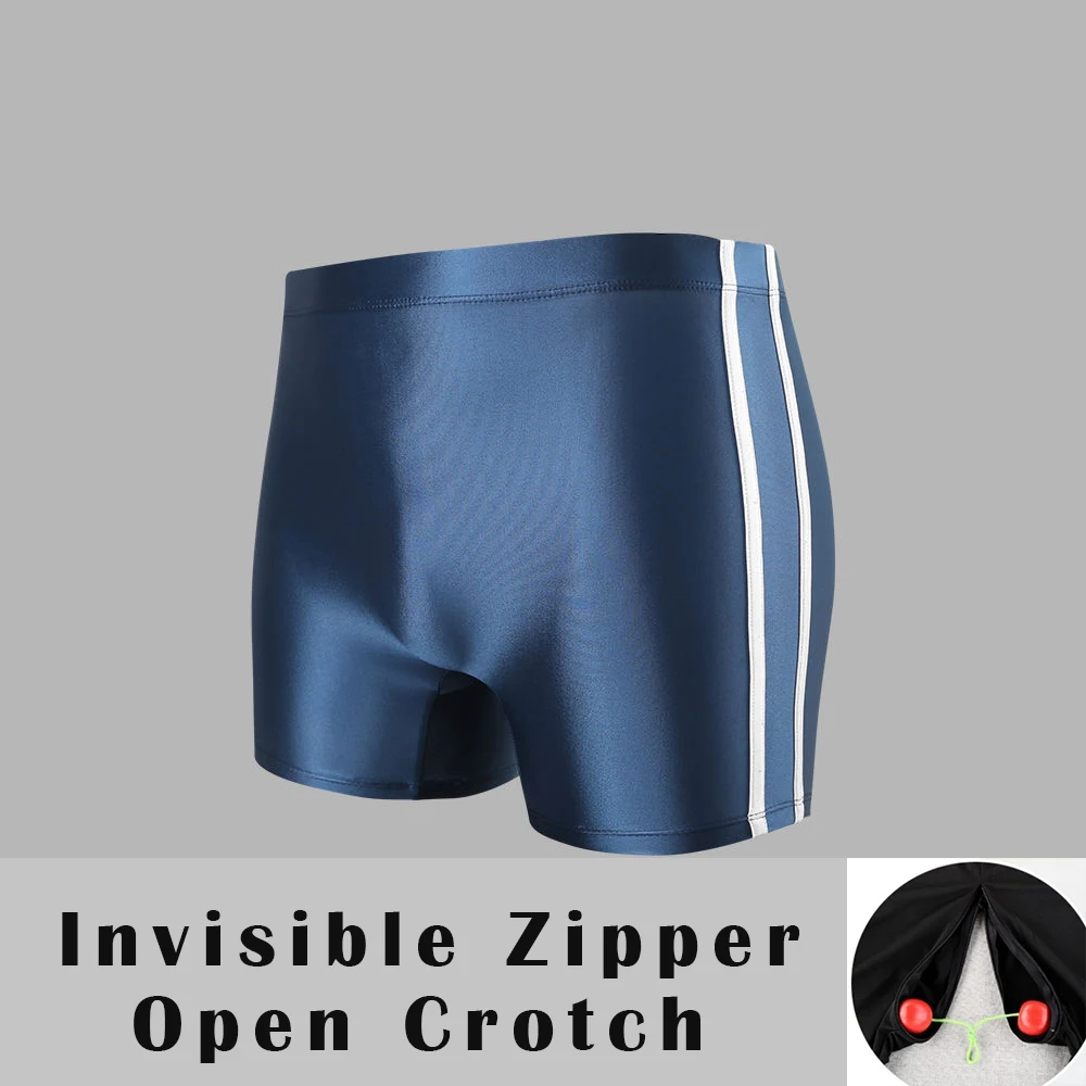 Invisible Zipper Open Crotch Glossy Satin Women's Shorts Sports Tight Sexy Yoga Shorts Fitness Gym Plus Size Bottoms