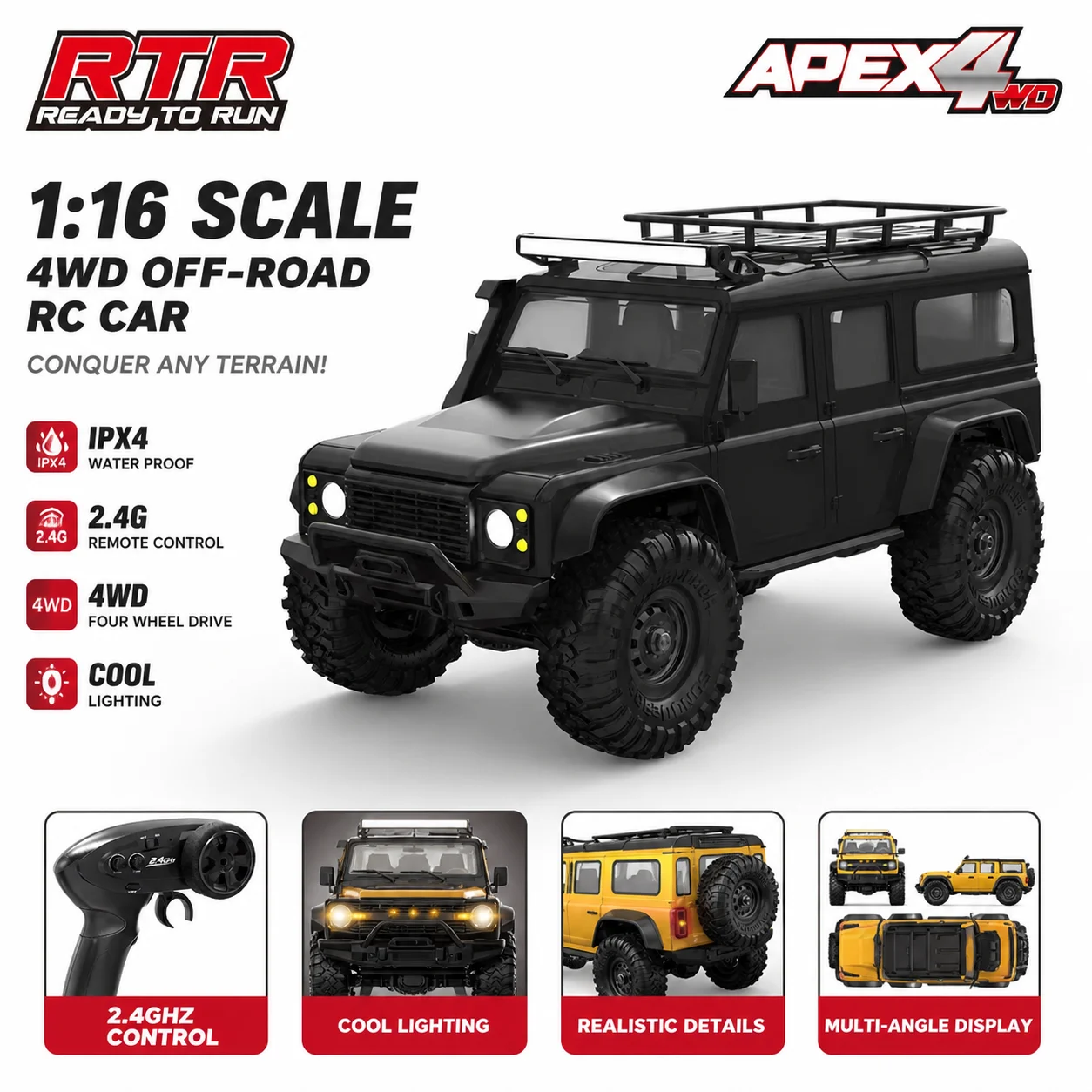 Huangbo Toys R16 Series 1/16 Scale 2.4GRC Remote Control Brushless Motor Climbing Vehicle Off road Vehicle 4wd with LED Light