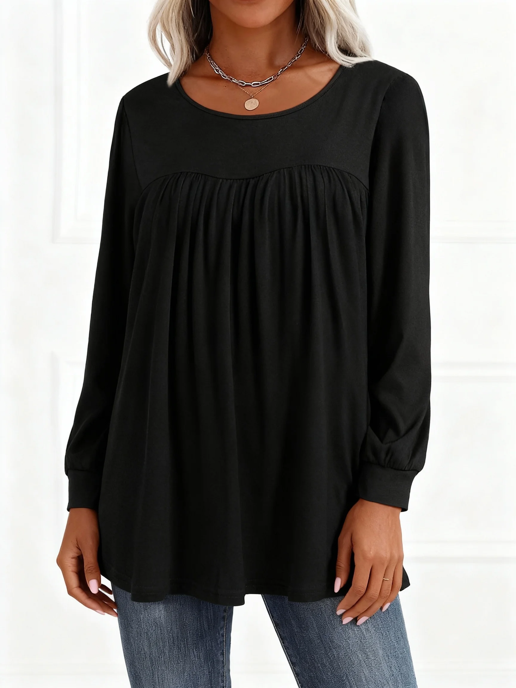 Plus Size Damen Langarm-Plissee-Oberteil für Stilvollen Komfort – Detail 3