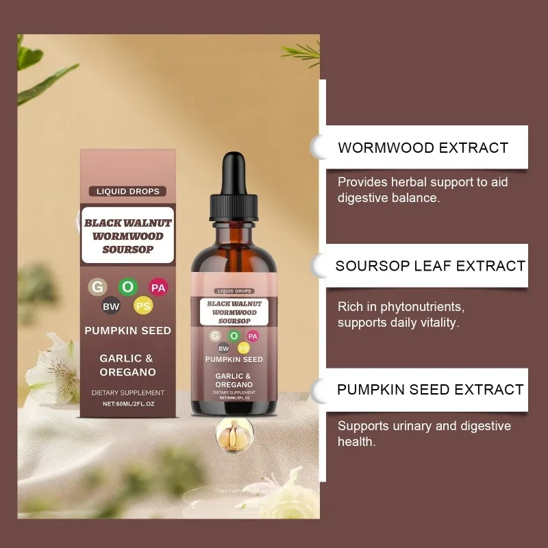 Black Walnut Droplet with Mugwort & Pumpkin Seeds Plants Extracts Support Intestinal Clean Protect and Enhance Immunity 60ml
