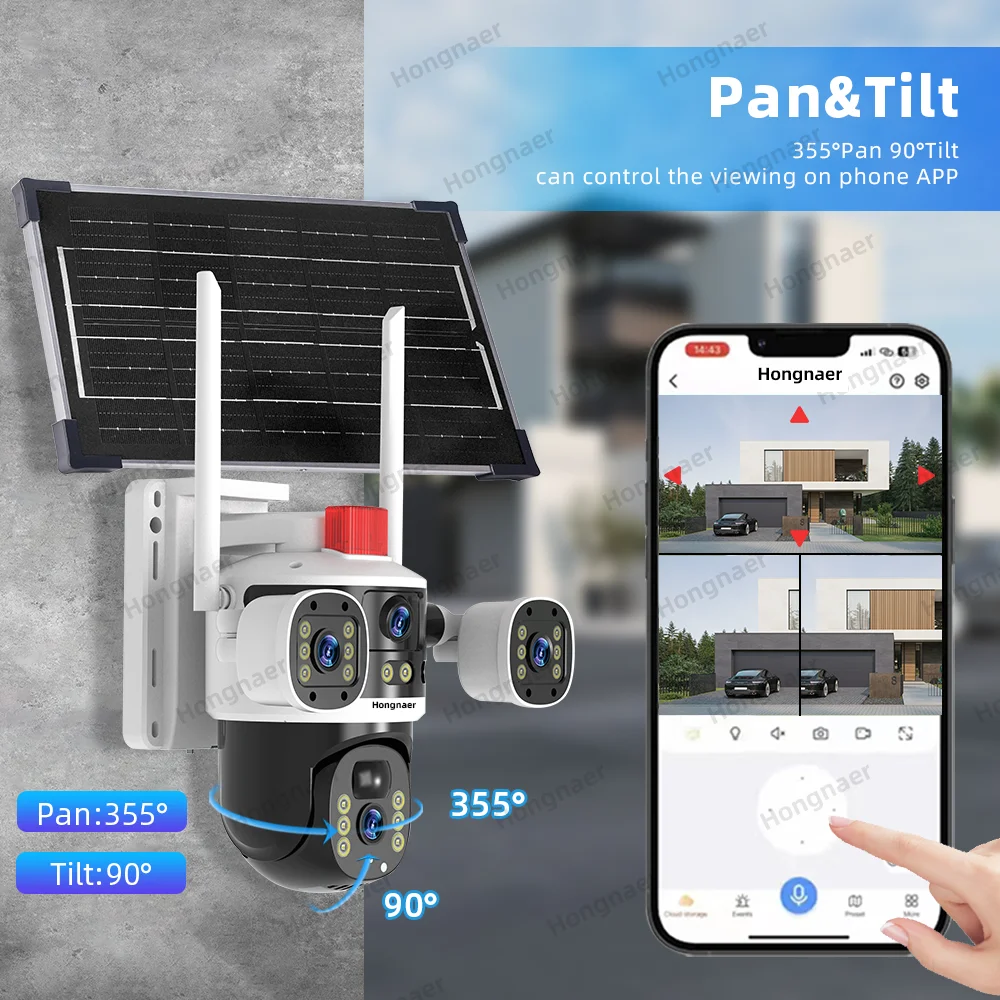 Hongnaer 8MP 4K WiFi/4G لوحة طاقة شمسية لاسلكية تعمل بالطاقة HD PTZ IP CCTV عدسة مزدوجة الأمن 4G بطاقة Sim كاميرا تعمل بالطاقة الشمسية