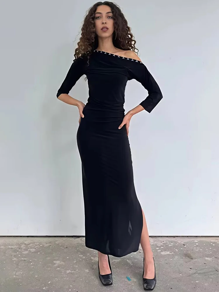

Blifanbo Diagonal Collar Sexy Maxi Dress Women Elegant Bodycon Short Sleeve Solid Fashion Club Party Long Dress Female Outfit