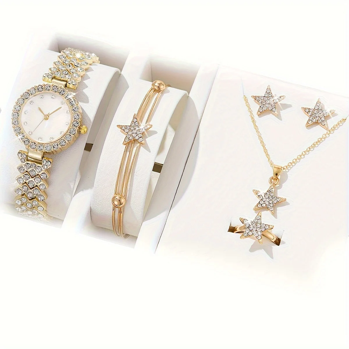 Women\'s Watch Luxury Rhinestone Quartz Watch Fashion Analog Wrist Watch & 5pcs Star Jewelry Set, Gift For Mom Her