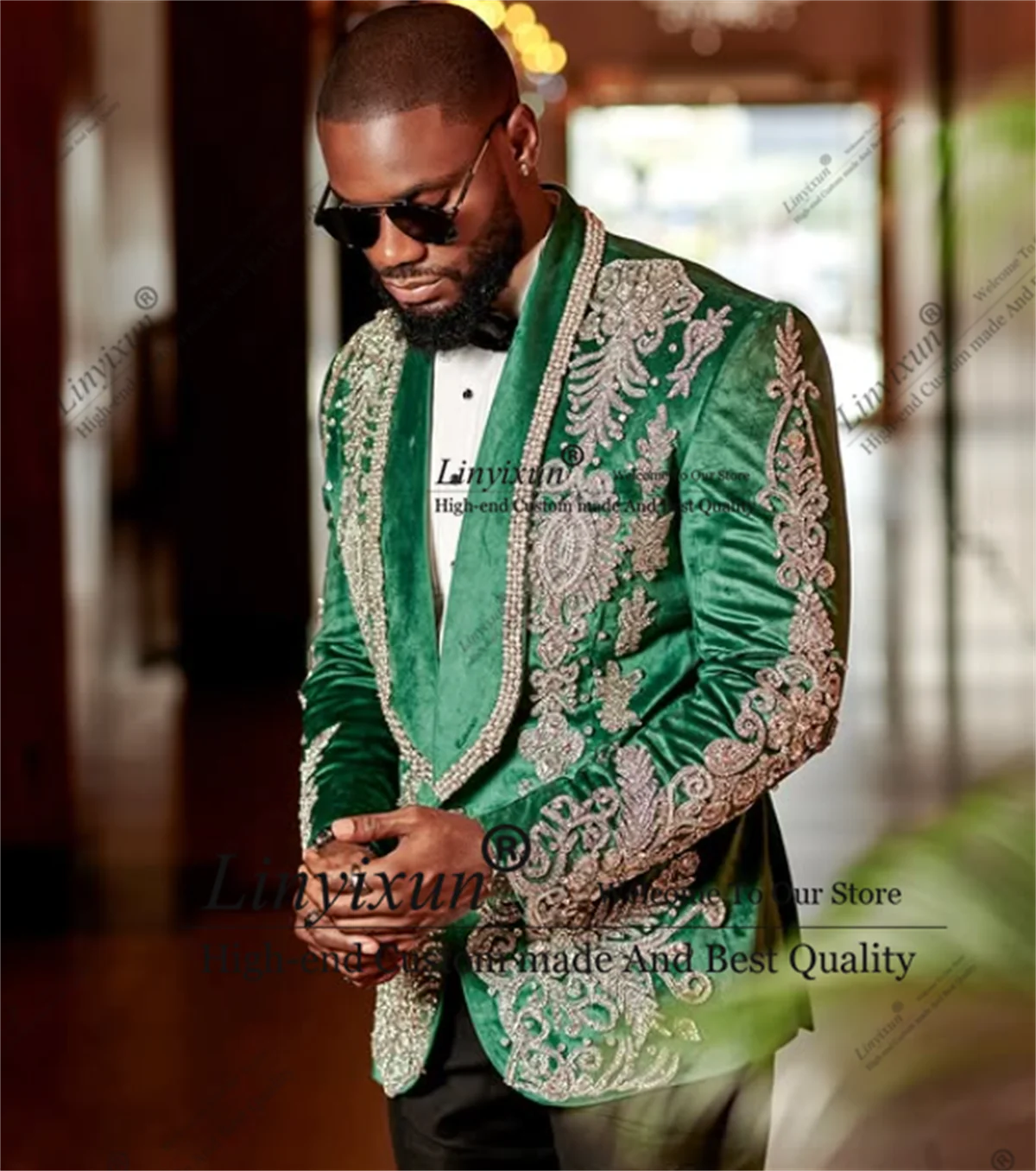 Luxury Beaded Men Suits Shawl Lapel Wedding Groom Tuxedo 2 Pieces Sets Customized Male Prom Blazer Slim Fit trajes para hombre