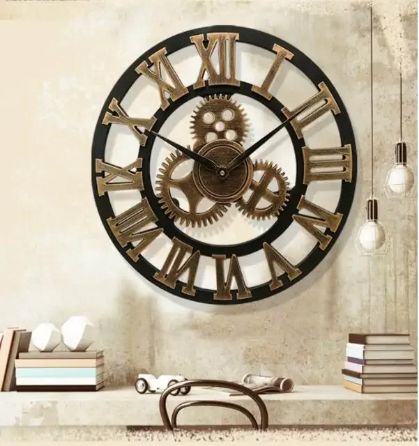 3D large classic vintage wooden wall clock retro gear hanging clock Roman numeral horologe European style decor living room