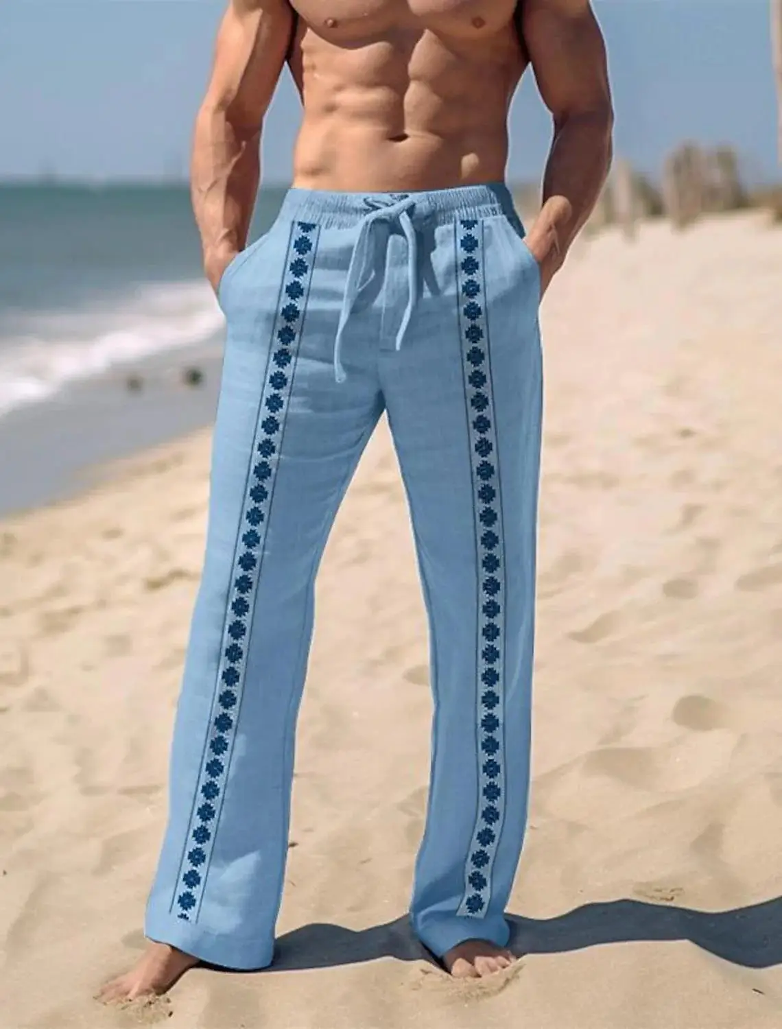 Men's Coconut Tree 3D Print Loose Pants, Hawaiian Holiday Beach Wear Casual Drawstring Elastic Waist Wide Leg