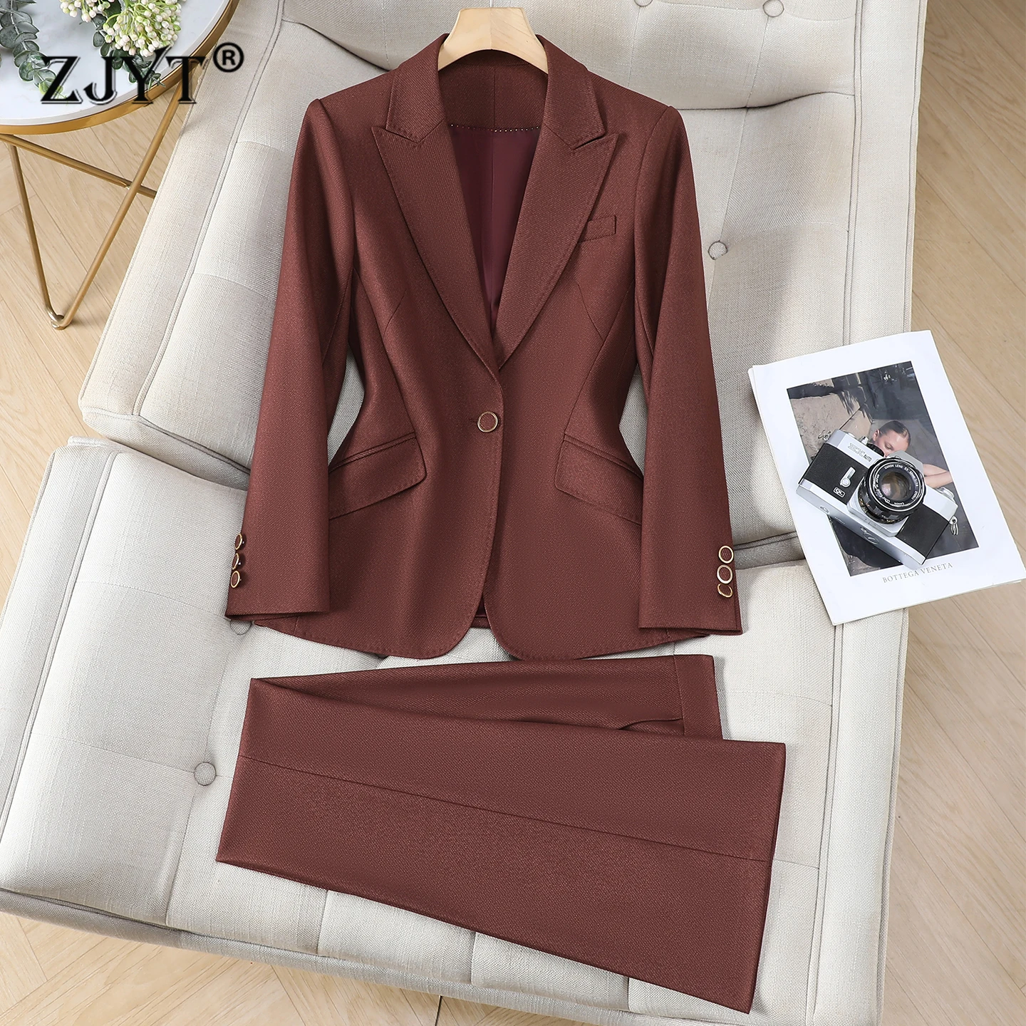 ZJYT Elegant Chic Business One Button Blazer Suit Trousers 2 Piece Women Outfit Plus Size Office Lady Work Wear Jacket Pants Set
