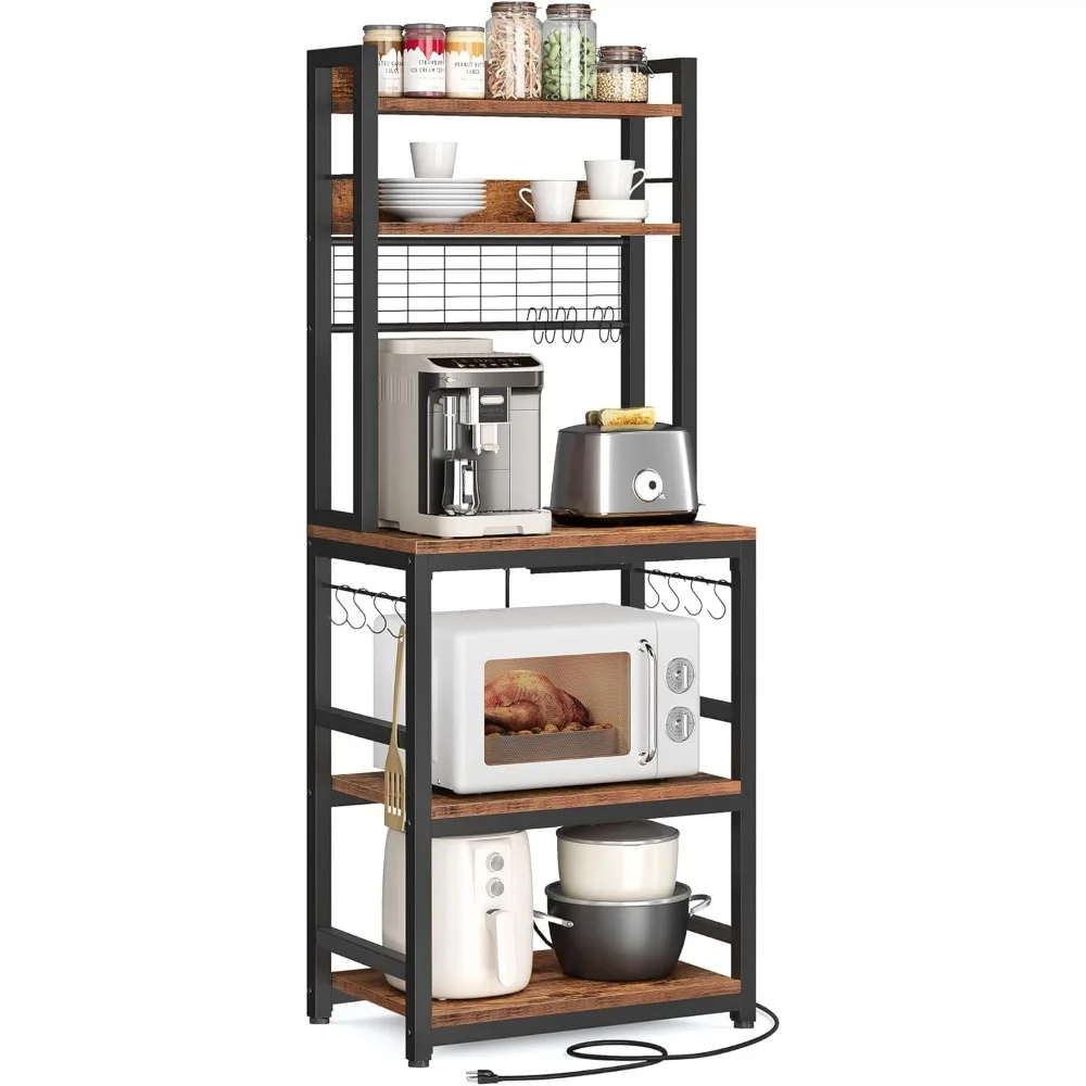 

Hutch Bakers Rack with Power Outlet, 14 Hooks Microwave Stand, Adjustable Coffee Bar with Metal Wire Panel, Kitchen Storage She