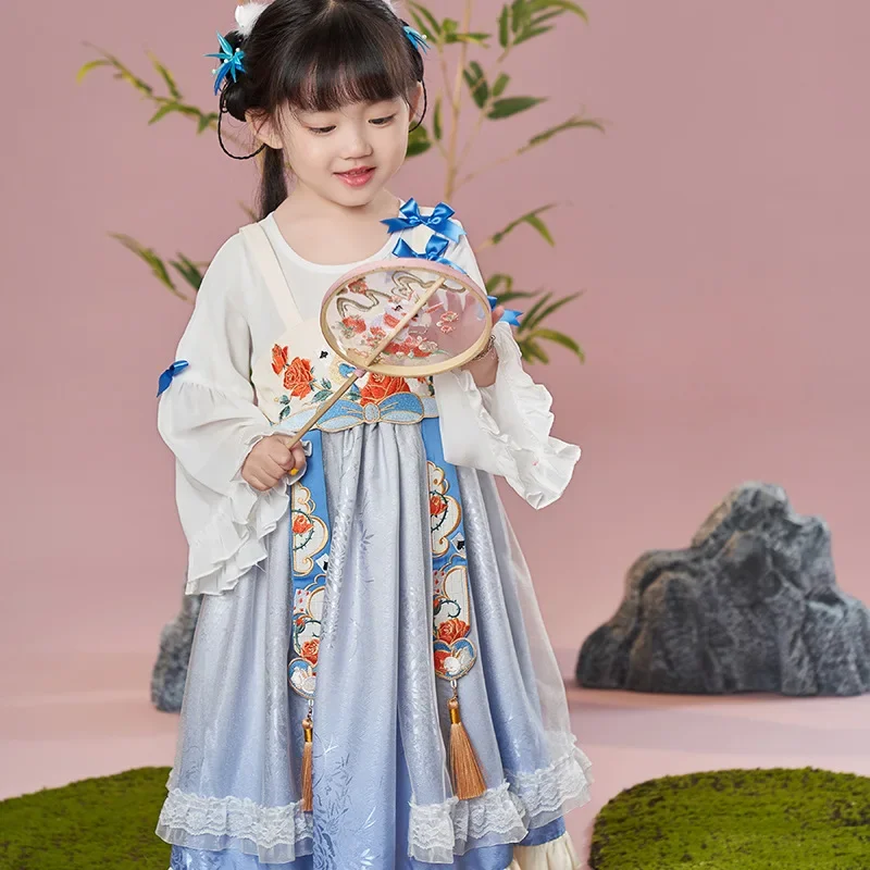 Girl's Original Ancient Style Hanfu Dress Gauze Puff Sleeves Pastoral Style Cute Embroidered Lace Skirt with Bowknot Accessory