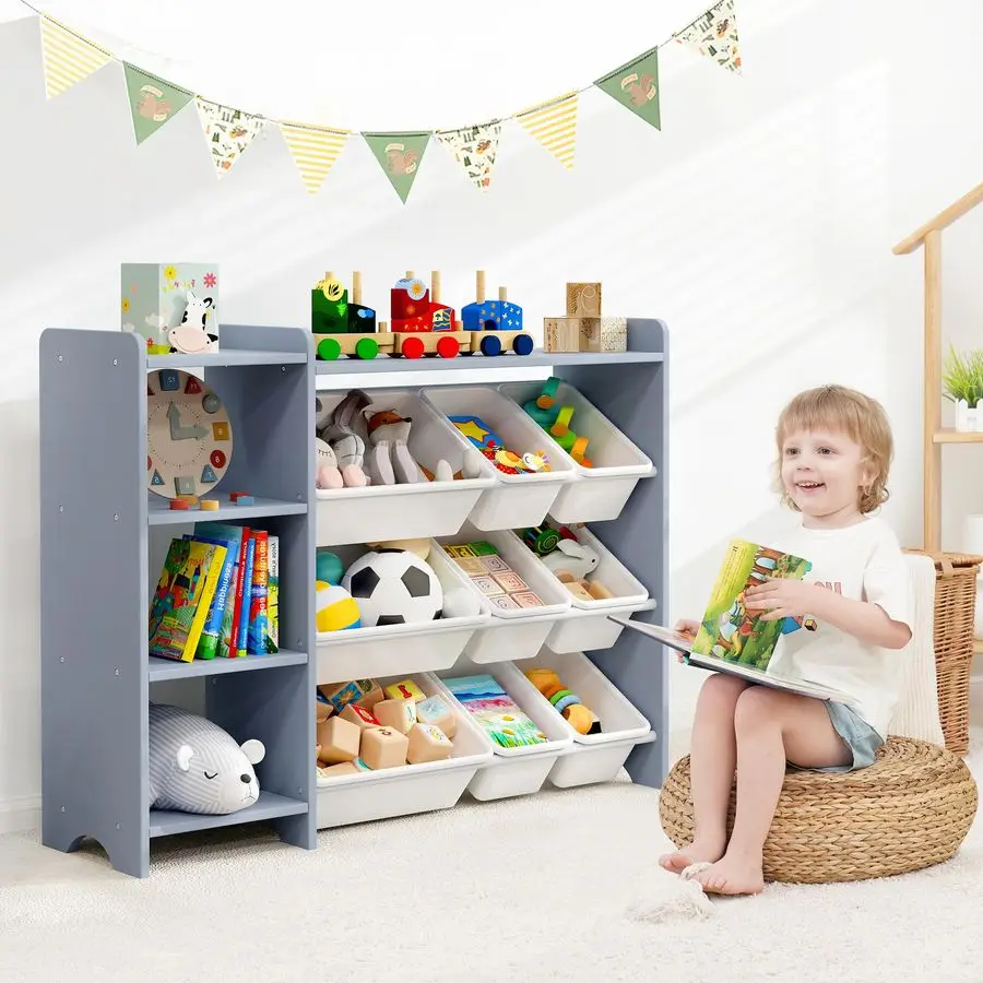 رف منظم لتخزين ألعاب الأطفال مكون من 4 طبقات، 100 خشب متين، خزانة تخزين للأطفال مع 9 صناديق بلاستيكية و3 منافذ تخزين رمادي فردي #2