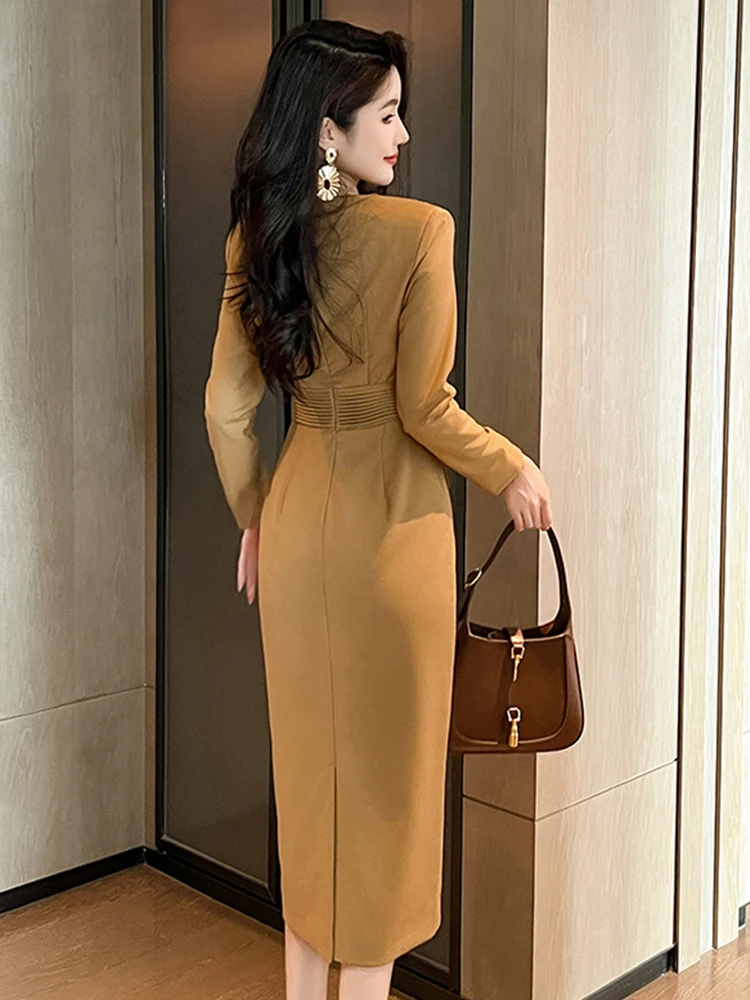 Women's Elegant Fashion Commuter Dress Woman Professional Business Folds Pleated High Waist Long Robe Female Office Lady Vestido