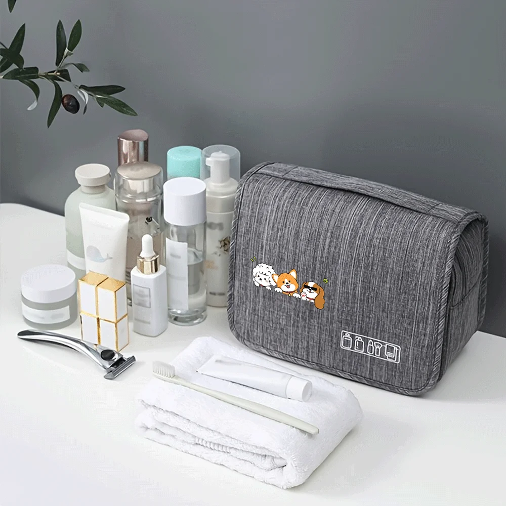 1pc 3 Cartoon Dogs Hanging Toiletry Bag, Waterproof Multi-compartment Large Capacity Travel Wash Pouch, 4 Colors: Gray Black Red