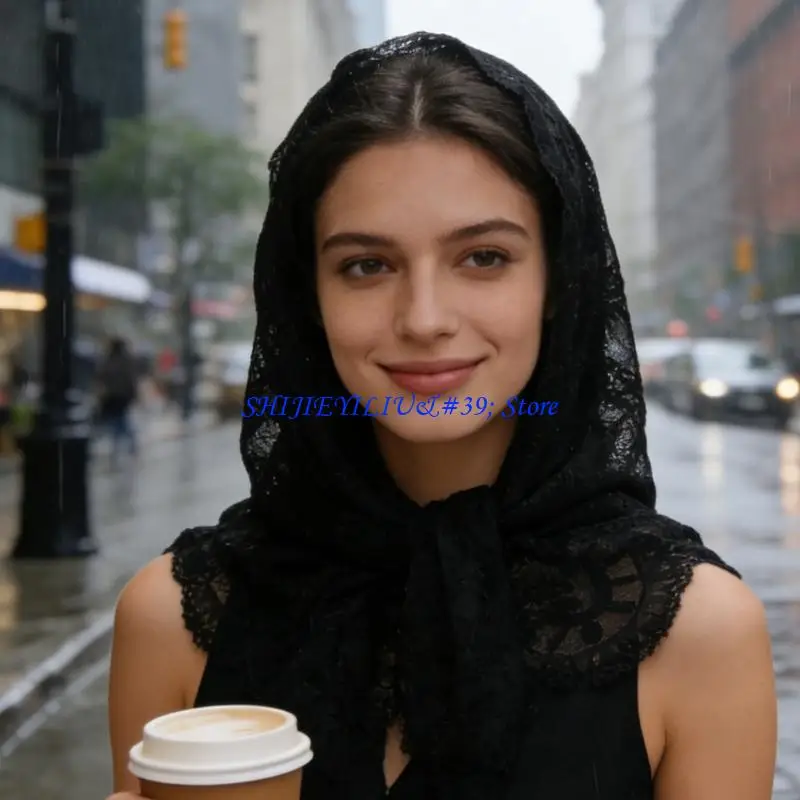 E21F Mantilla Lace Trimmed Headscarf Breathable Scarf For Women Lightweight Polyester Daily Wear And Outside Use