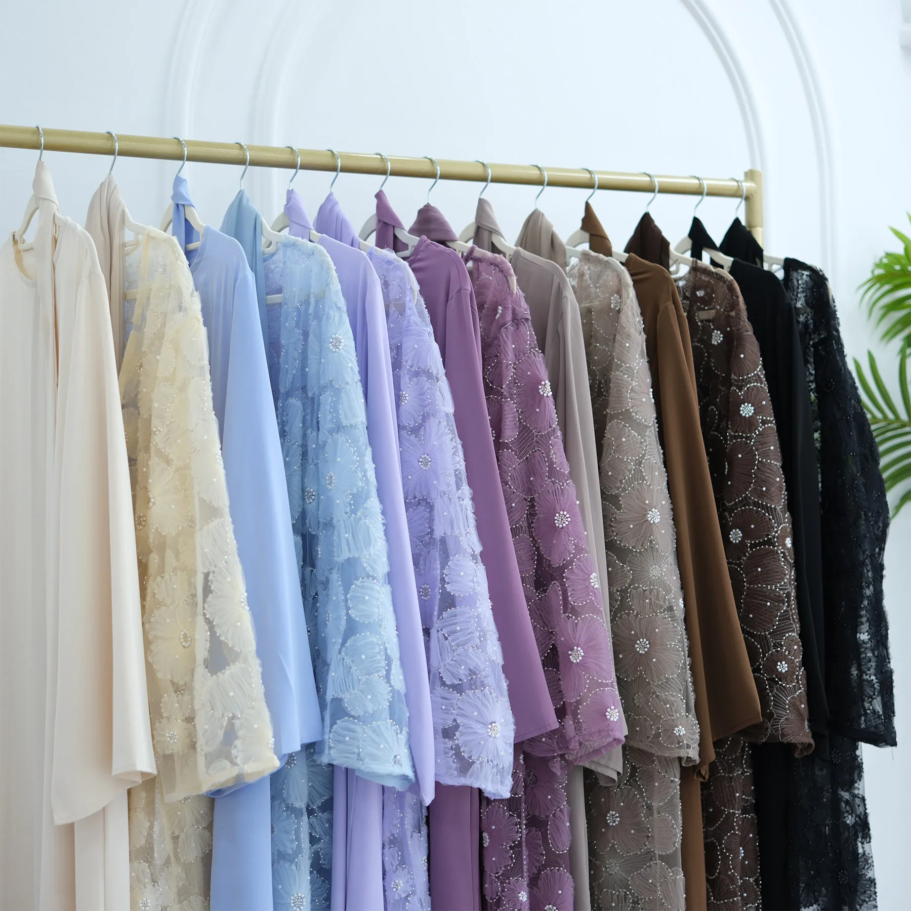 Evening Party Event Ramadan Eid Adorable Hijabi Abaya Dress Set Muslim Women Suit-3D Beaded Flower Open Abaya, Sleek Plain Dress