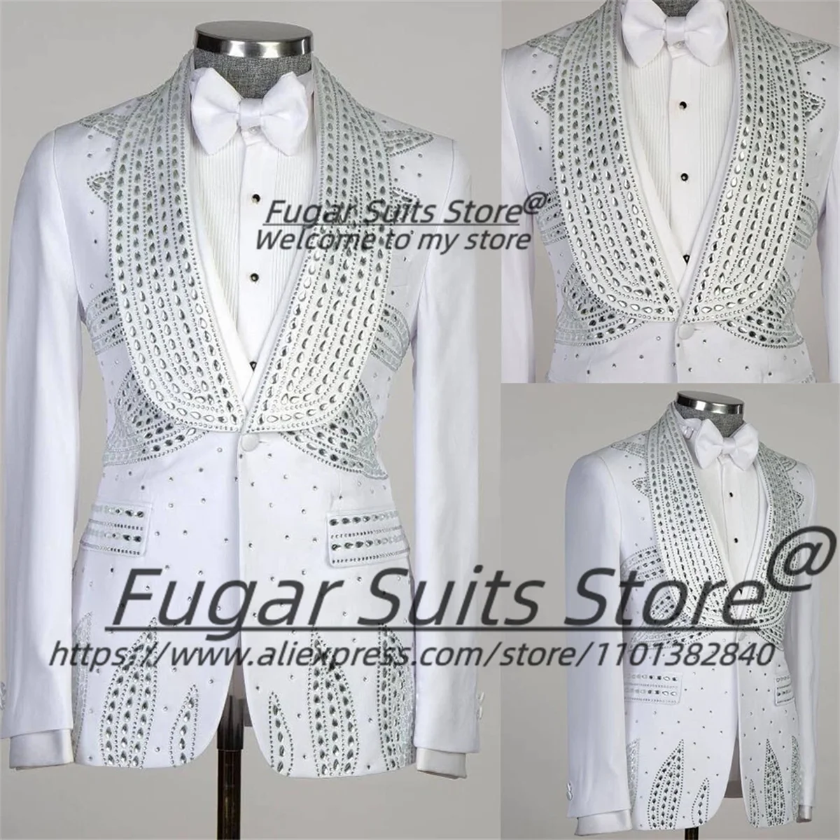 

Luxuly White Shiny Beadwork Men Suits Slim Fit Formal Groom Wedding Tuxedos 2Pieces Sets Male Prom Blazers Elegant Costume Homme