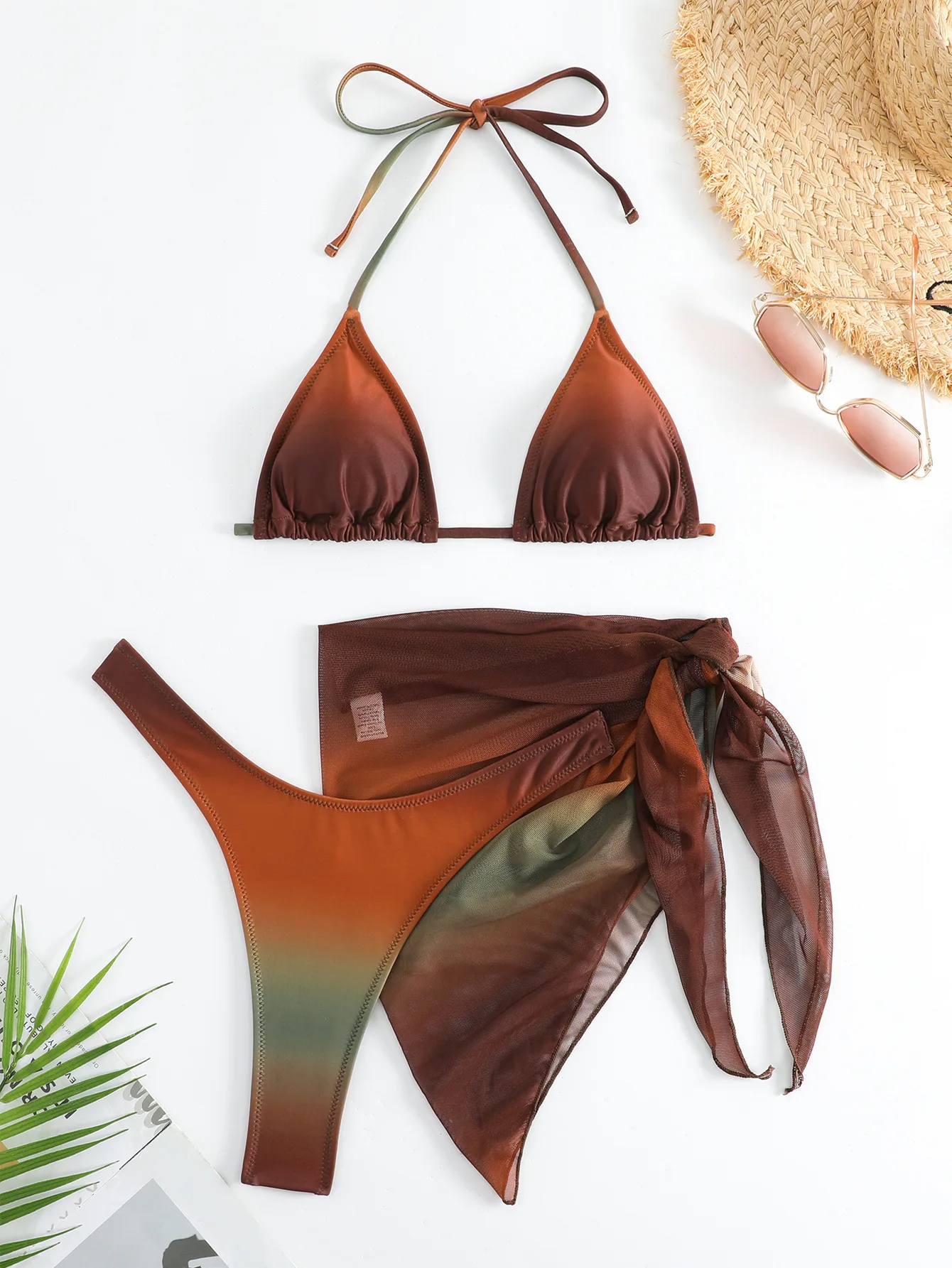 Sexy Gradient Bikini Swimwear Women Halter Mesh Skirt 3 Piece Swimsuit Bathing Suit Cover Up Bikinis Sets Bathing Suit Women