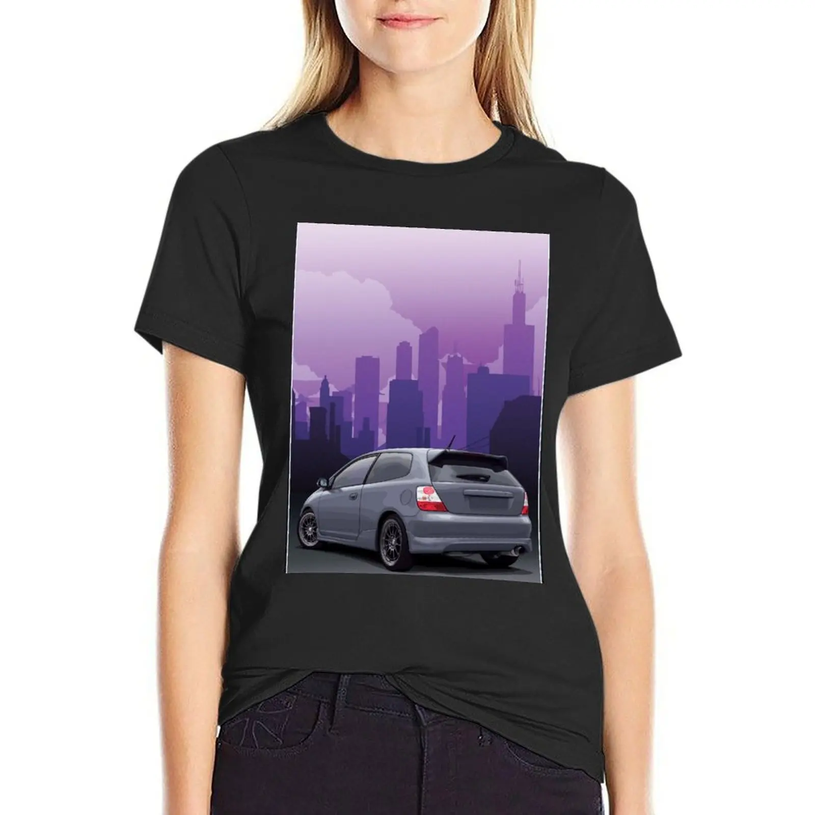 Ep3 Civic illustration with cityscape background T-Shirt vintage clothes hippie clothes cotton t shirts Women