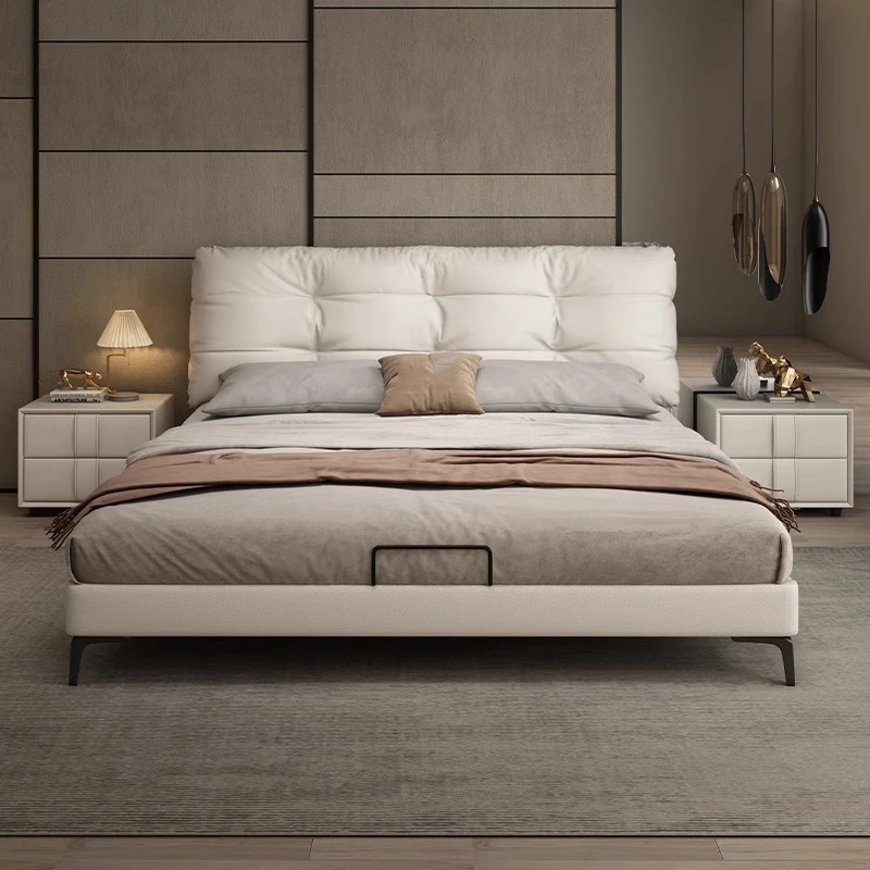 Cama matrimonial de diseño moderno y lujoso, con cabecero tapizado suave, estilo hada, base de cama matrimonial, muebles para el hogar.