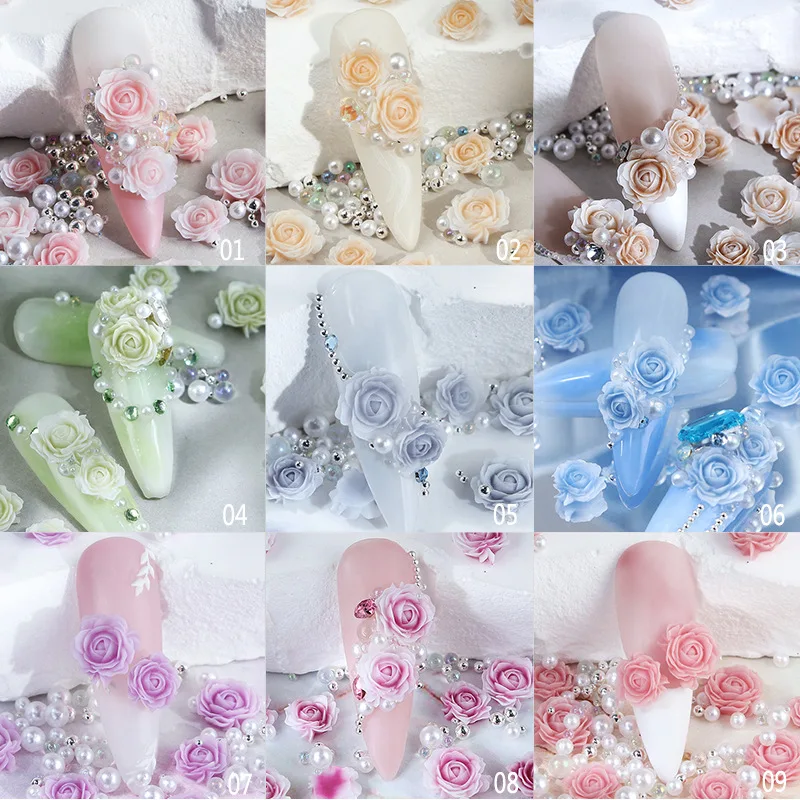 30pc Kawaii Camellias Nail Parts Figures For French Manicure 3D Flower Beads Rhinestones Nail Art Accessories Rose Charms Design