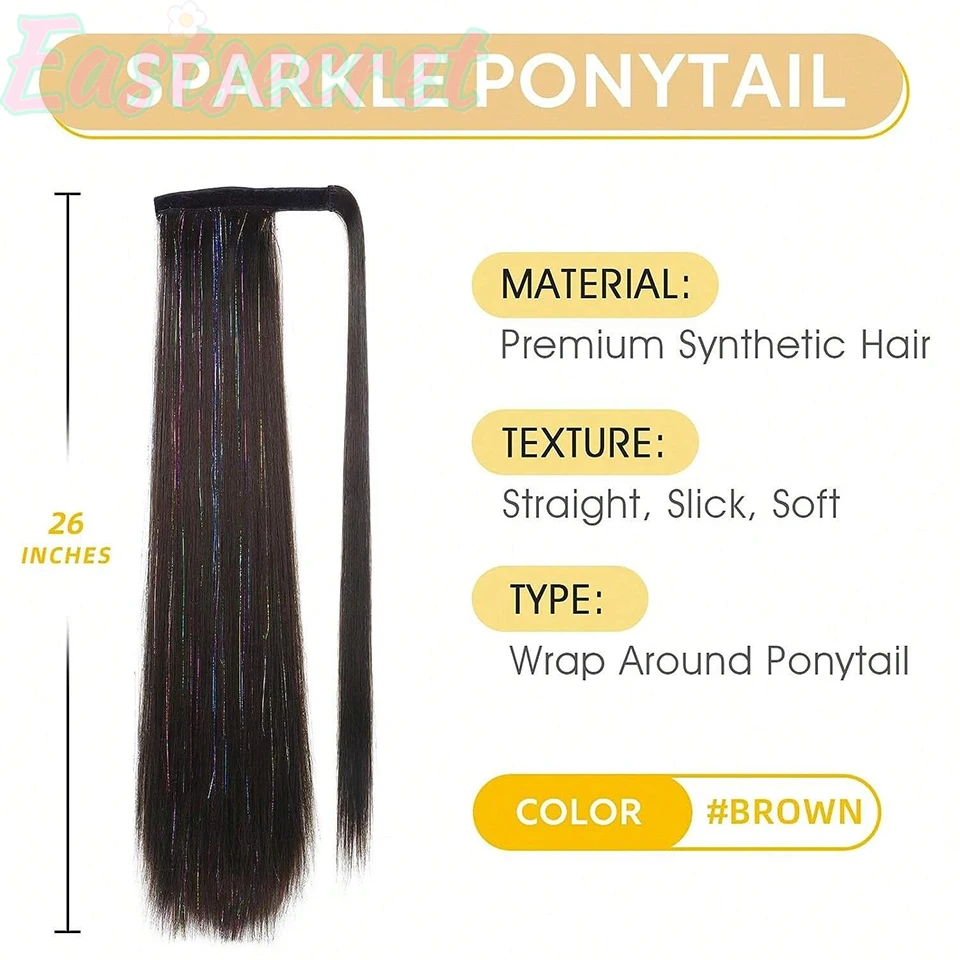 EASTSECRET Synthetic Wig Women's Velcro Strap Straight Ponytail Long Style Colorful Laser Silk Ponytail Hair