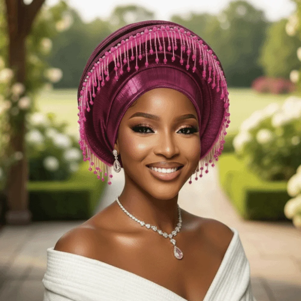 Ceremony Headpiece Structured Auto Gele Layered Pre-tied Beaded Headtie Handmade Elastic Fringe Headwrap Cultural Event